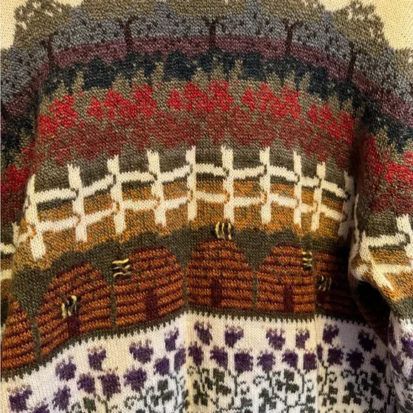 Rare vintage sweater Barbra sue landscape, spring bumblebees beehives small - Picture 5 of 16